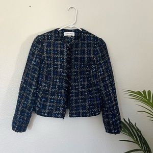 Calvin Klein Women's Tweed Open Front Jacket Blue Size 4 Petite